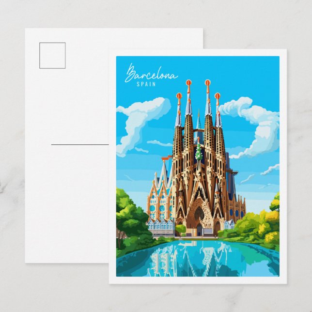 Barcelona Spain vintage travel illustration Postcard (Front/Back)