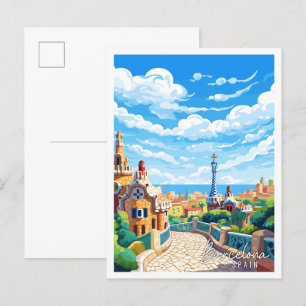 Barcelona Spain vintage travel illustration Postcard