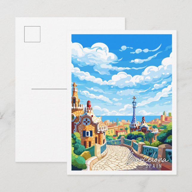 Barcelona Spain vintage travel illustration Postcard (Front/Back)