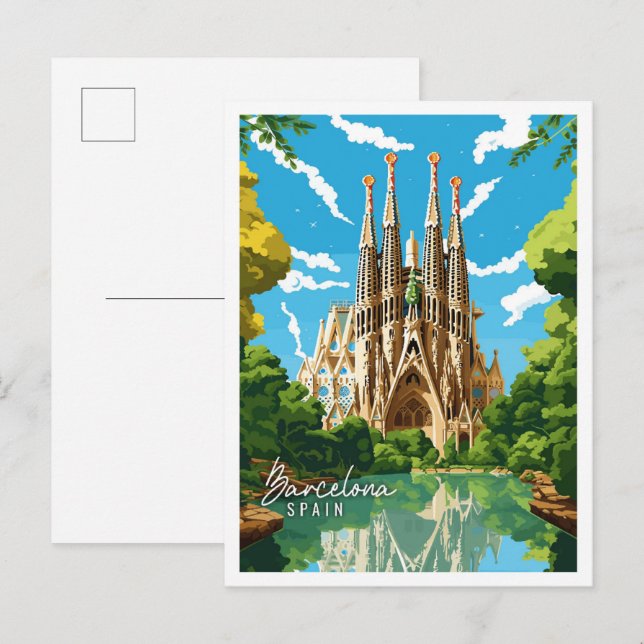 Barcelona Spain vintage travel illustration Postcard (Front/Back)