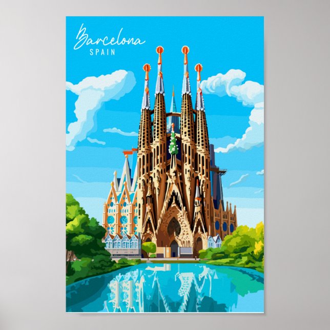 Barcelona Spain vintage travel illustration Poster (Front)