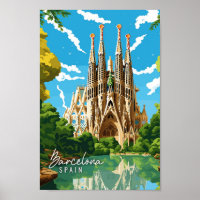 Barcelona Spain vintage travel illustration