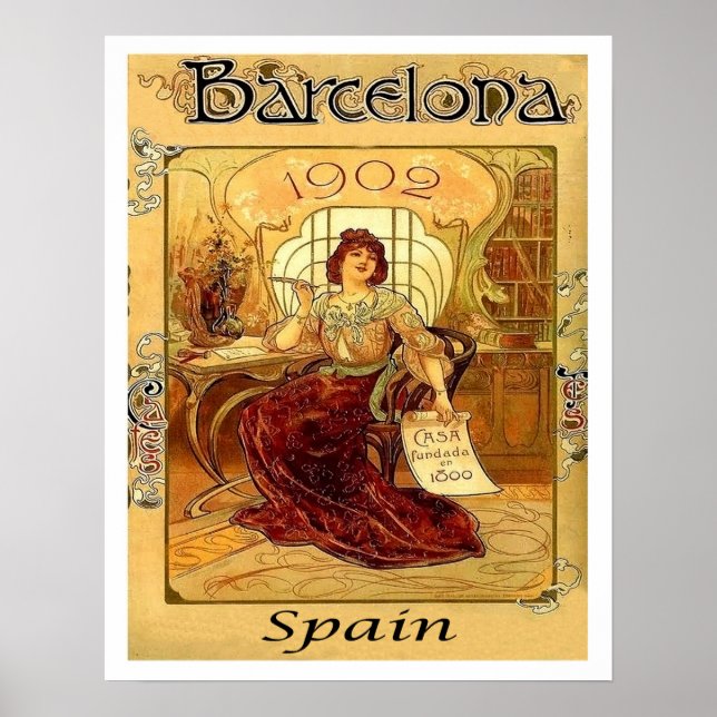Barcelona, Spain, woman writing a letter, vintage Poster (Front)
