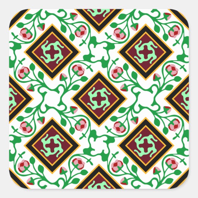 Barcelona tile red floral pattern square sticker (Front)