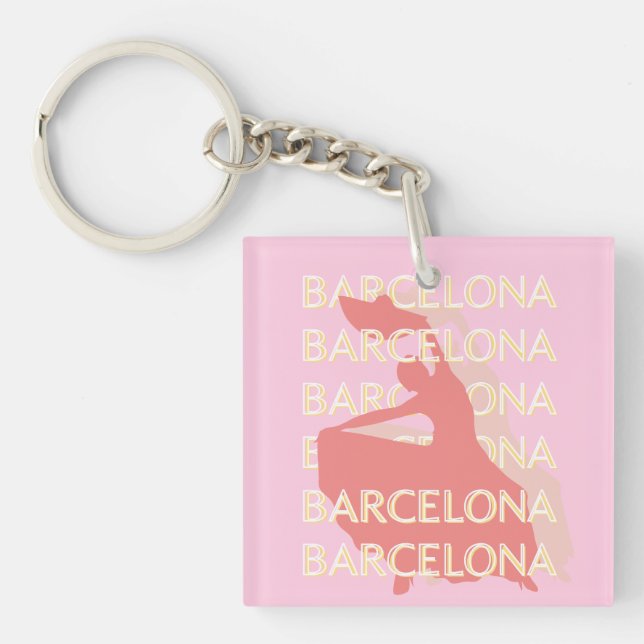 Barcelona Travel Art, Pink, Pastel Key Ring (Front)