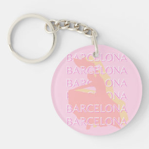 Barcelona Travel Art, Spain Art, Pink, Pastel Key Ring