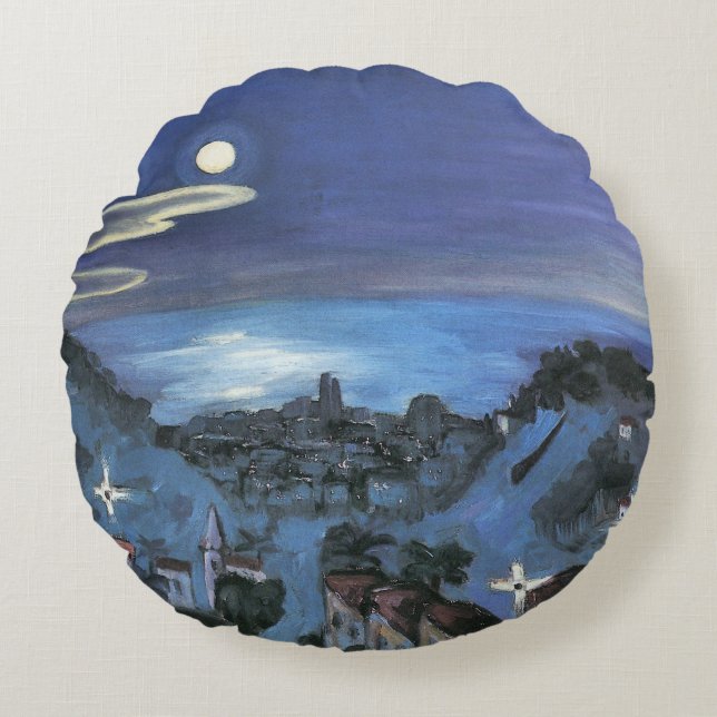 Barcelona View of City at Night by Walter Gramatte Round Cushion (Front)