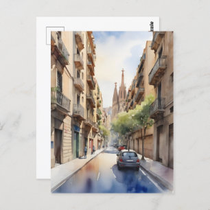 Barcelona watercolor art postcard