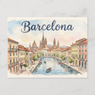 Barcelona watercolor art postcard