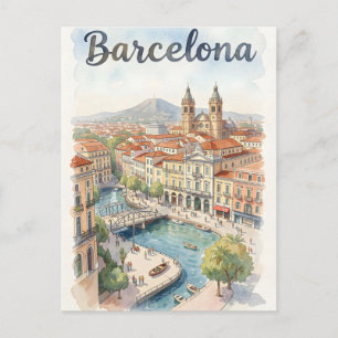 Barcelona watercolor art postcard