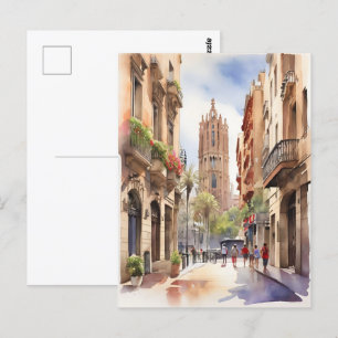 Barcelona watercolor art postcard