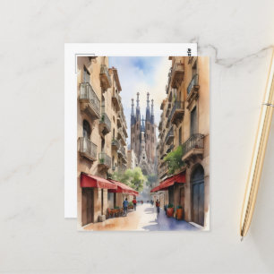 Barcelona watercolor art postcard