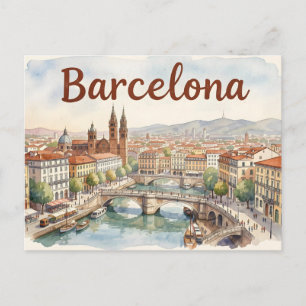 Barcelona watercolor art postcard