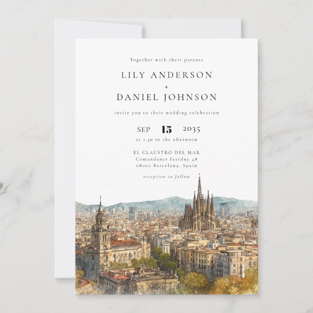 Barcelona Watercolor QR Code Wedding Invitation (Front)