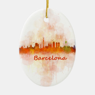 Barcelona watercolor Skyline v04 Ceramic Tree Decoration