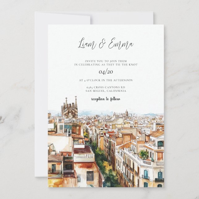 Barcelona Watercolor Wedding Invitation (Front)
