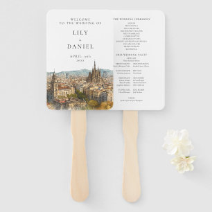 Barcelona Watercolor Wedding Program Hand Fan