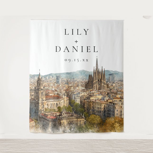 Barcelona Wedding Photo Backdrop Tapestry (Front)