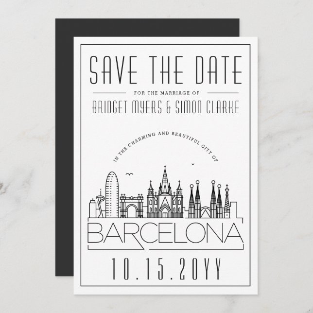 Barcelona Wedding Stylised Skyline Save the Date Invitation (Front/Back)
