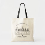 Barcelona Wedding | Stylised Skyline Tote Bag<br><div class="desc">A unique wedding tote bag for a wedding taking place in the city of Barcelona,  Spain.  This tote features a stylised illustration of the country's unique skyline with its name underneath.  This is followed by your wedding day information in a matching open-lined style.</div>