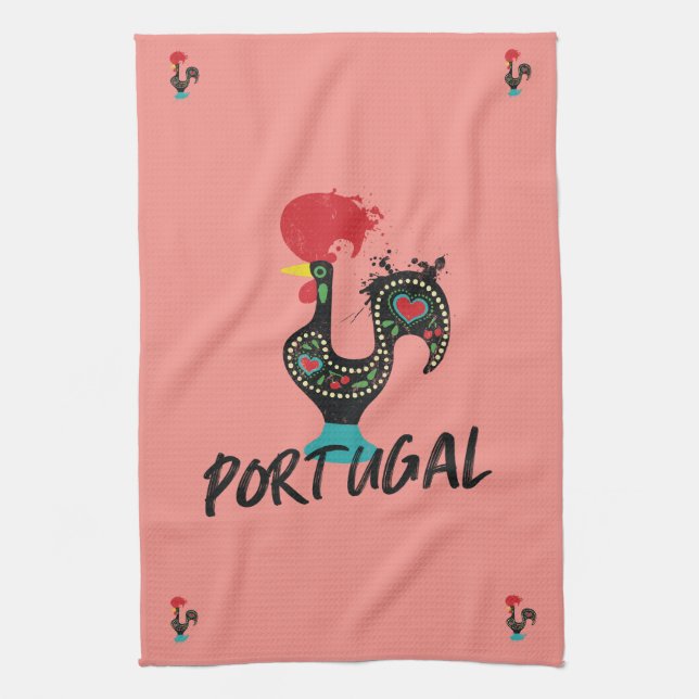 Barcelos Rooster, Portuguese Symbol on pink Tea Towel (Vertical)