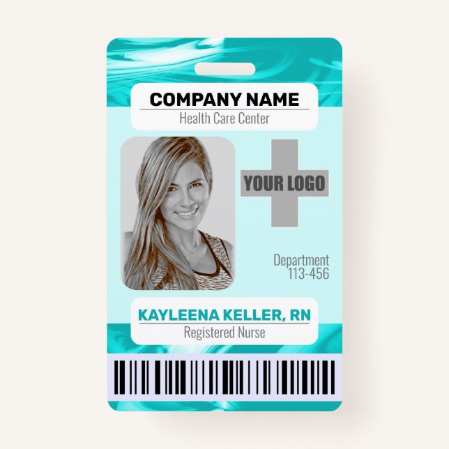 Barcode ID Photo Template Teal Green Marble Nurse  ID Badge (Front)