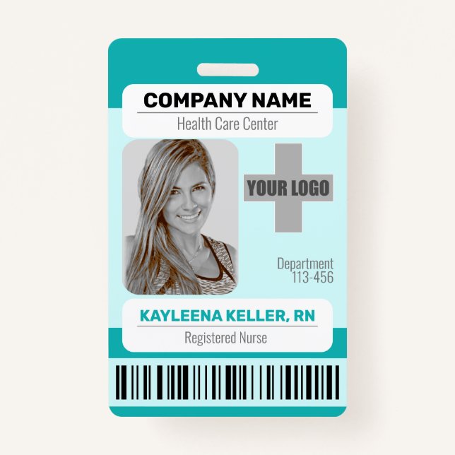 Barcode ID Photo Template Teal Green Medical Staff ID Badge (Front)