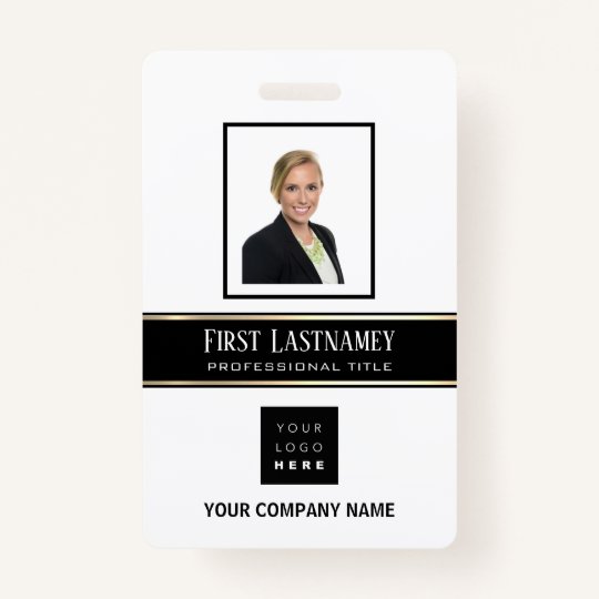 Barcode Photo Name ID Card Vertical Gold White ID Badge Zazzle.co.uk