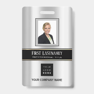 Barcode Photo Name ID Card Vertical Metal Grey Badge