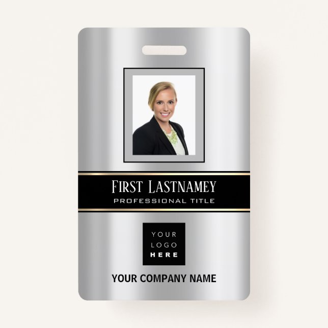 Barcode Photo Name ID Card Vertical Metal Grey ID Badge (Front)