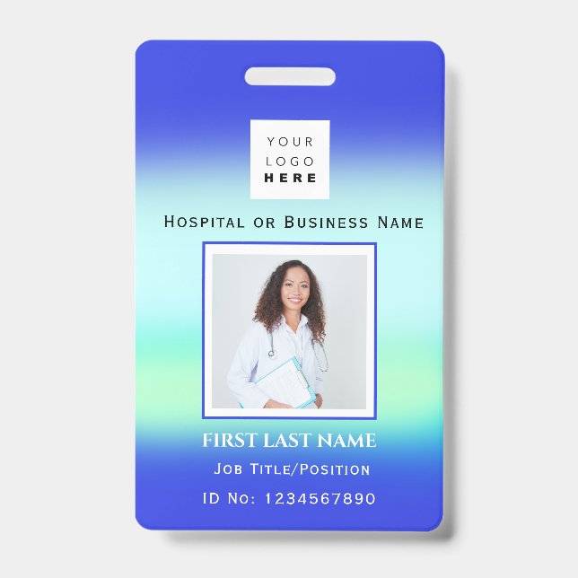 Barcode Photo Nurse Doctor Health Blue Hospital ID Badge (Front)