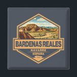 Bardenas Reales Spain Travel Art Badge Magnet<br><div class="desc">Bardenas Reales done in a vintage style emblem. The Bardenas Reales is a semi-desert natural region,  or badlands,  of some 42, 000 hectares in southeast Navarre.</div>