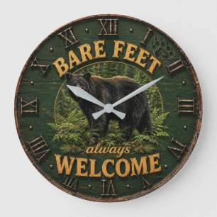 Bare Feet Always Welcome Rustic Bear Cabin Large Clock