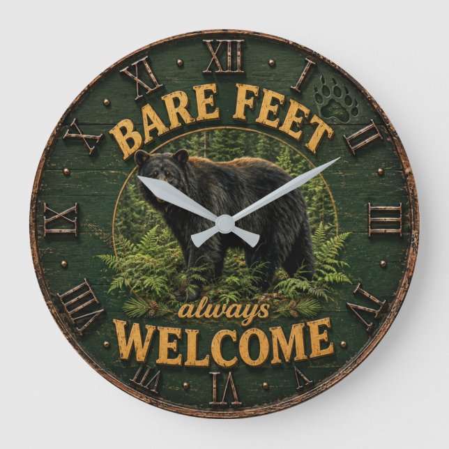 Bare Feet Always Welcome Rustic Bear Cabin Large Clock (Front)