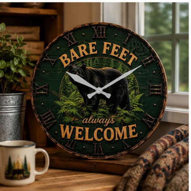 Bare Feet Always Welcome Rustic Bear Cabin Large Clock (Creator Uploaded)
