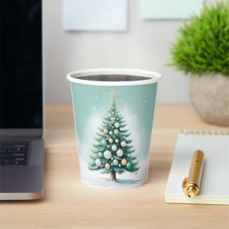 Bare Green Pine Tree | Silver Green Orange Paper Cups