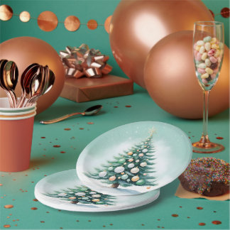 Bare Green Pine Tree | Silver Green Orange Paper Plate