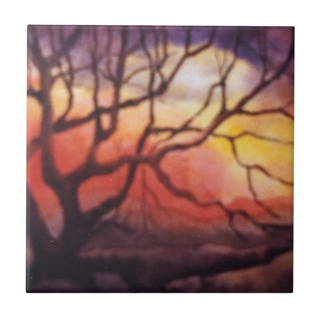 Bare winter tree and dramatic fiery sunset tile (Front)