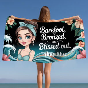 Barefoot Bronzed & Blissed Out Tropical Hibiscus Beach Towel