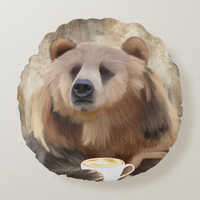 Barely Awake Bear Sipping Coffee Decorative Round Cushion (Front)