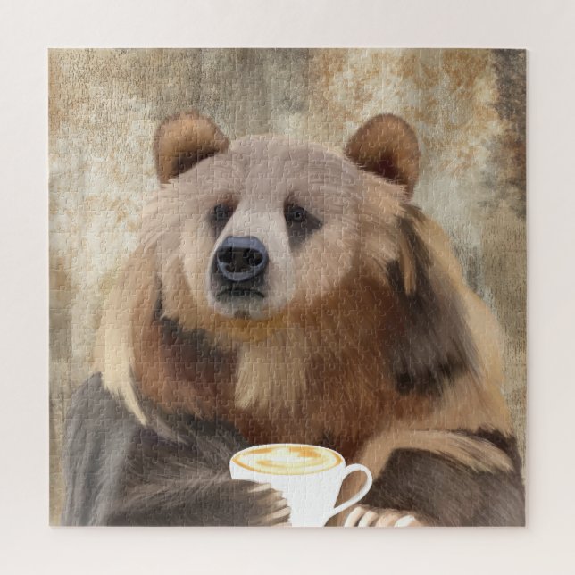 Barely Awake Grizzly Bear Sipping Coffee Jigsaw Puzzle (Vertical)