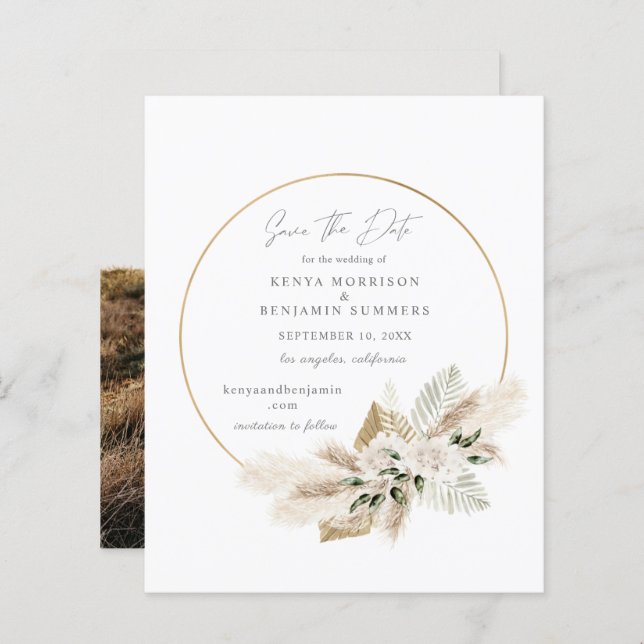 Bargin Photo & Boho Pampas Grass Save the Date (Front/Back)