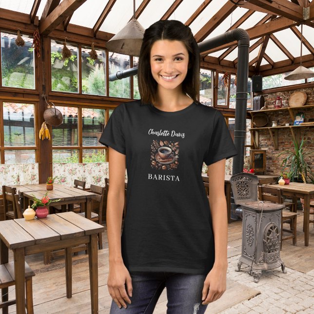 Barista black brown cup coffee beans name script T-Shirt (Creator Uploaded)