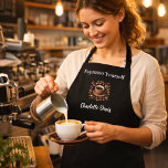 Barista black white cup coffee beans name quote apron<br><div class="desc">A classic black background.   Personalise and add your title and name.  The name is written with a modern hand lettered style script.
Decorated with a coffee cup and beans,  leaves in brown.  Quote: Espresso yourself</div>