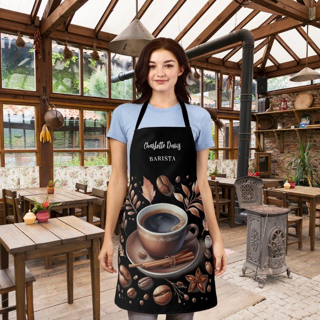 Barista black white cup coffee beans name script apron (Creator Uploaded)