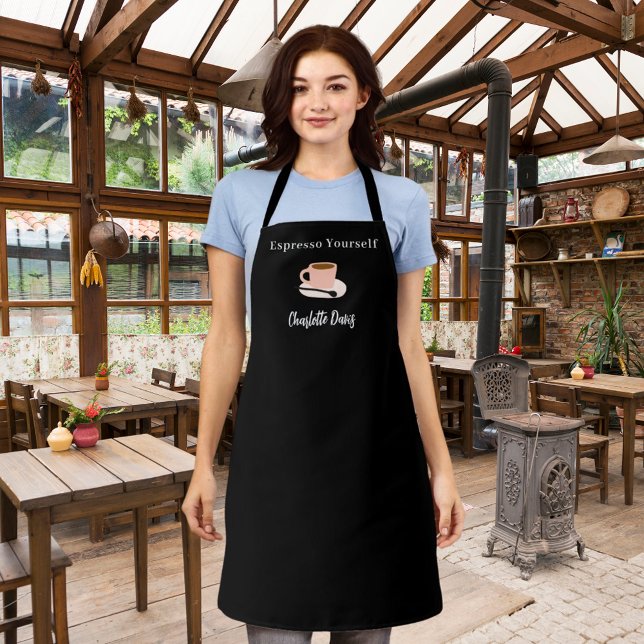 Barista black white cup coffee name quote apron (Creator Uploaded)