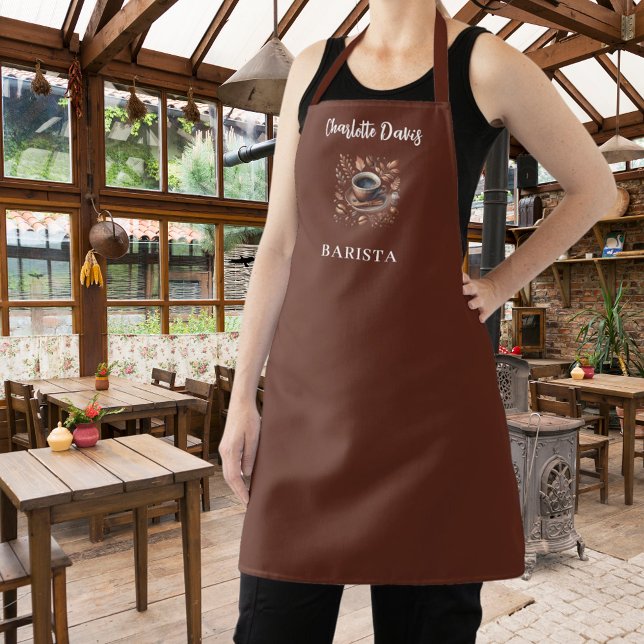 Barista brown cup coffee beans name script apron (Creator Uploaded)