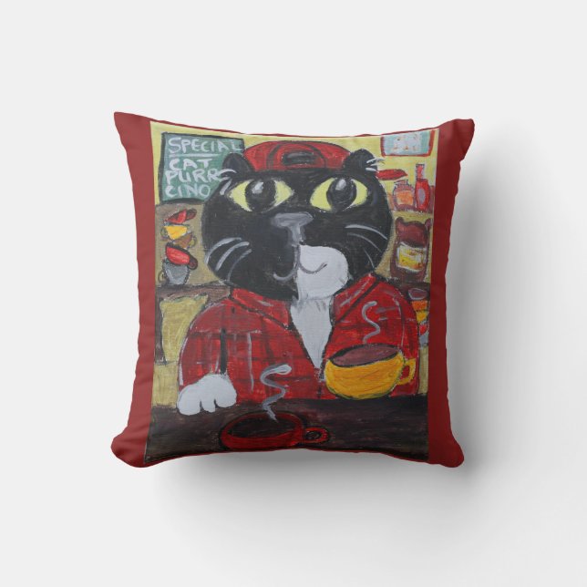 Barista Cat Folk Art Painting Coffeehouse Fun Cushion (Front)