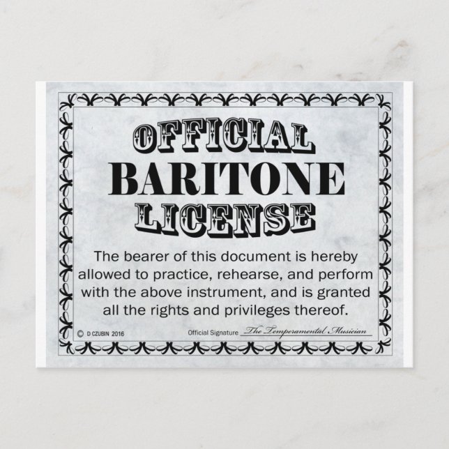 Baritone License Postcard (Front)