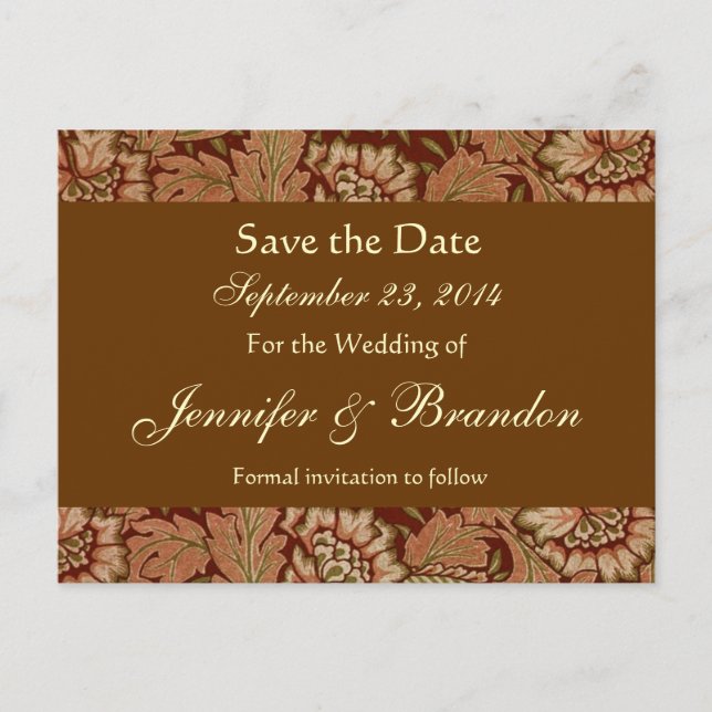 Bark Brown Gold Damask Save The Date Postcard (Front)